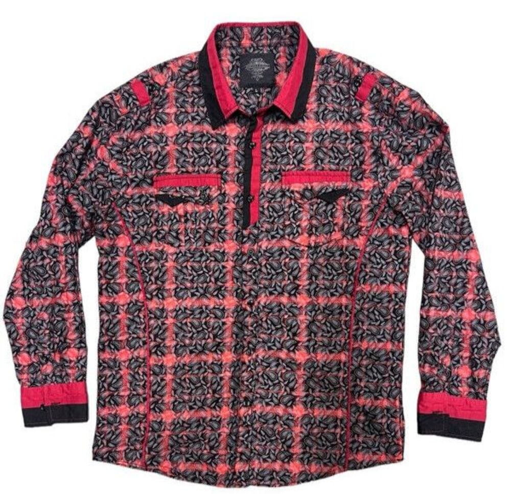 Montero Men's Button Up Shirt Large Red Black Paisley Long Sleeve Western
